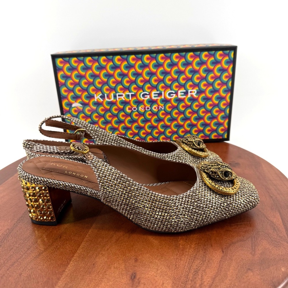 Kurt Geiger Chelsea Block Slingback Beige Gold Eagle Head Studded Women EU 42 11